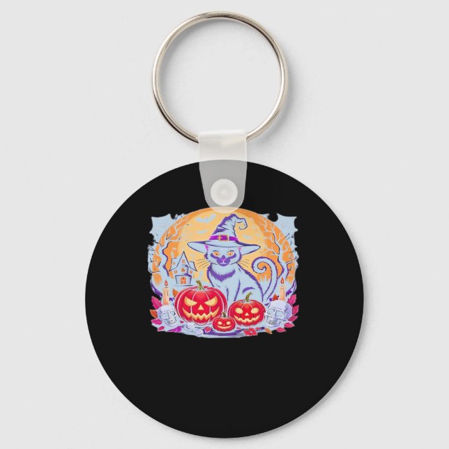 Halloween Cute Ghost Pumpkin Cat Classic T-Shirt Key Ring (Front)