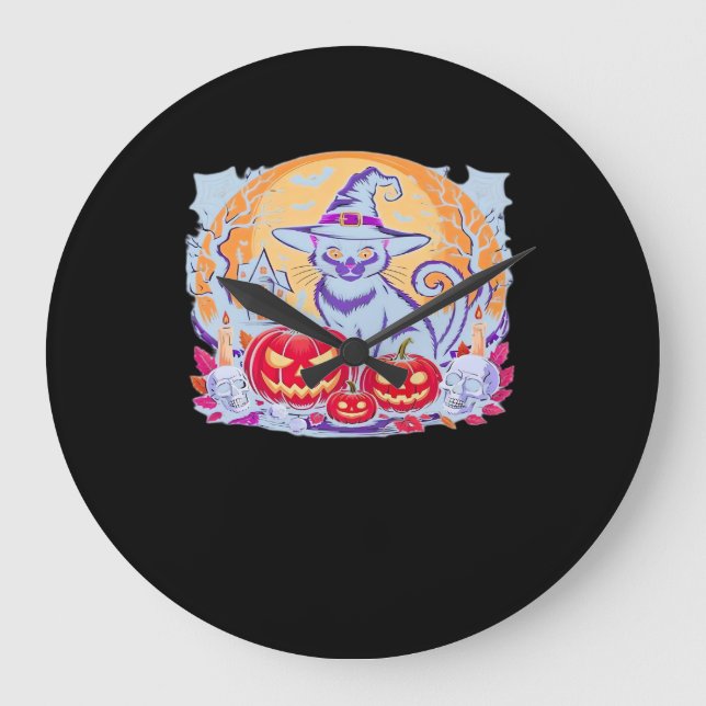 Halloween Cute Ghost Pumpkin Cat Classic T-Shirt Large Clock (Front)