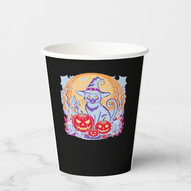 Halloween Cute Ghost Pumpkin Cat Classic T-Shirt Paper Cups (Front)