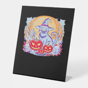 Halloween Cute Ghost Pumpkin Cat Classic T-Shirt Pedestal Sign
