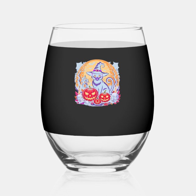 Halloween Cute Ghost Pumpkin Cat Classic T-Shirt Stemless Wine Glass (Front)