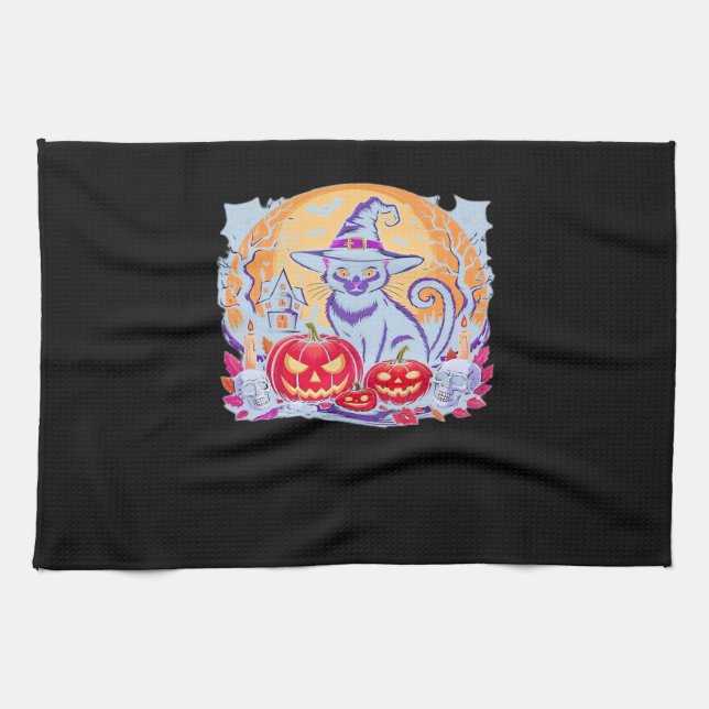 Halloween Cute Ghost Pumpkin Cat Classic T-Shirt Tea Towel (Horizontal)