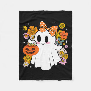 Halloween Cute Ghost Vintage Floral Trick Or Treat Fleece Blanket