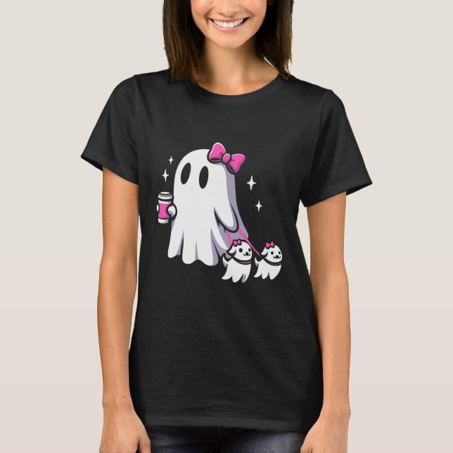 Halloween Cute Ghost Walking Dog Spooky Pink Coque T-Shirt (Front)