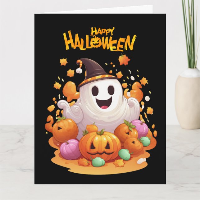 Halloween: Cute Ghosts and Pumpkin Family Card (Front)