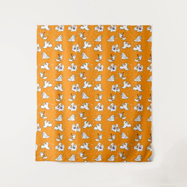 Halloween cute ghosts on orange background  tapestry (Front)