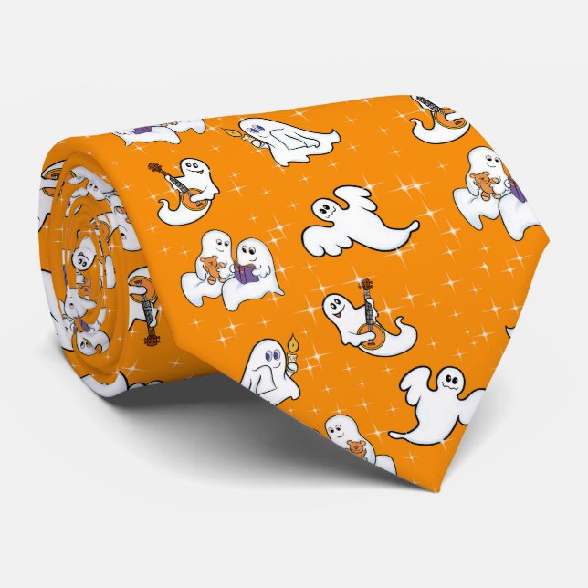Halloween cute ghosts on orange background  tie (Rolled)