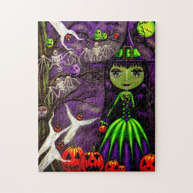 Halloween Cute Green Witch Big Eyes Jigsaw Puzzle (Vertical)