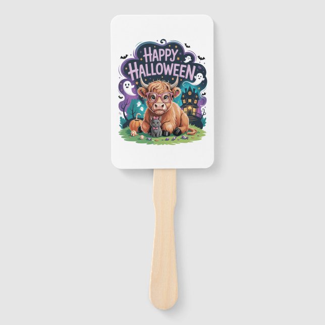Halloween Cute Highland Cow (2) Hand Fan (Front)