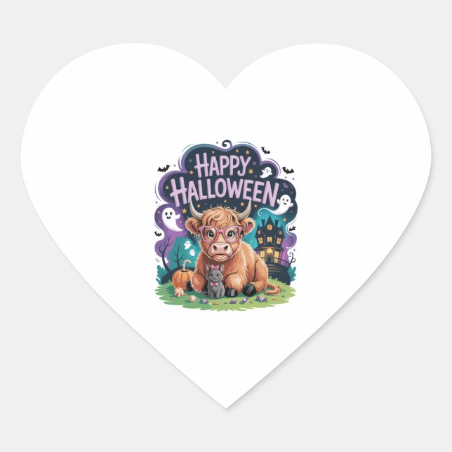 Halloween Cute Highland Cow (2) Heart Sticker (Front)
