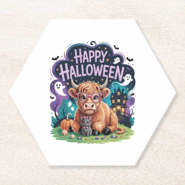 Halloween Cute Highland Cow (2) Paper Coaster (Front)