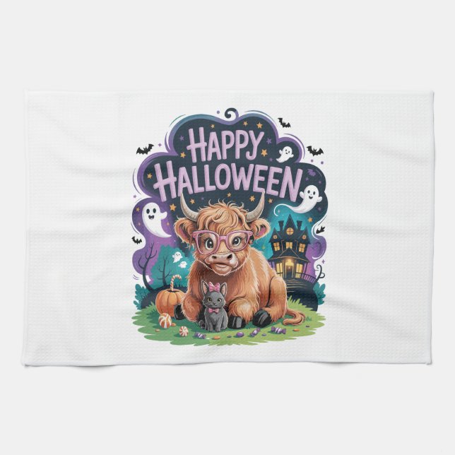 Halloween Cute Highland Cow (2) Tea Towel (Horizontal)