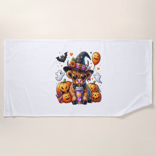 Halloween Cute Highland Cow Beach Towel (Front)