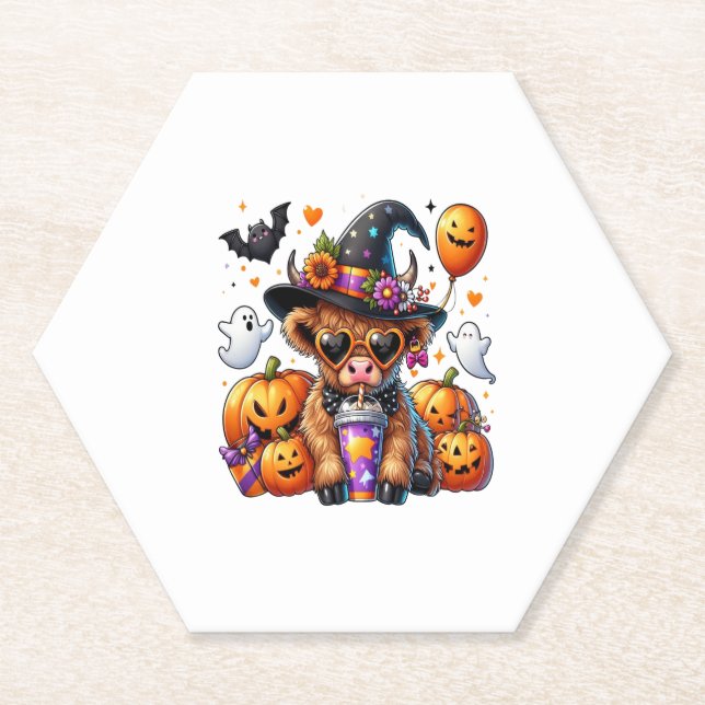 Halloween Cute Highland Cow Paper Coaster (Front)