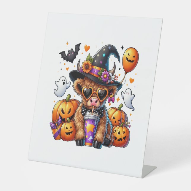 Halloween Cute Highland Cow Pedestal Sign (Front)