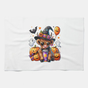 Halloween Cute Highland Cow Tea Towel