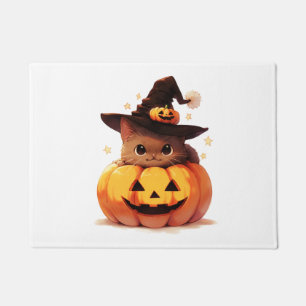 Halloween cute kawaii cat with a hat and pumpkin   doormat