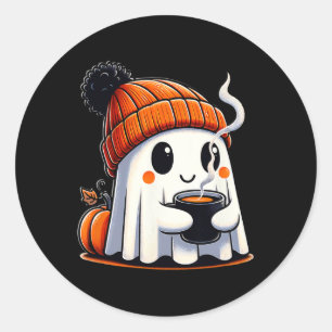 Halloween Cute Kawaii Ghost Drinking Coffee Women Classic Round Sticker
