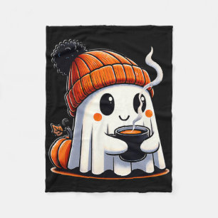 Halloween Cute Kawaii Ghost Drinking Coffee Women Fleece Blanket