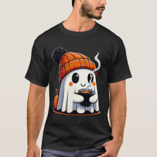 Halloween Cute Kawaii Ghost Drinking Coffee Women T-Shirt
