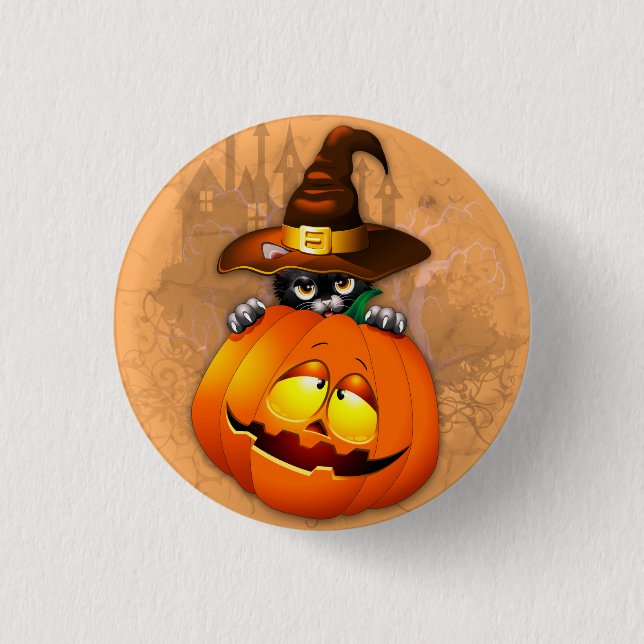 Halloween Cute Kitty Witch and Pumpkin Friend  3 Cm Round Badge (Front)