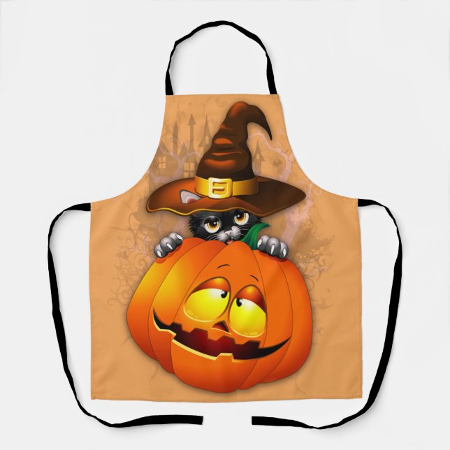 Halloween Cute Kitty Witch and Pumpkin Friend  Apron (Front)