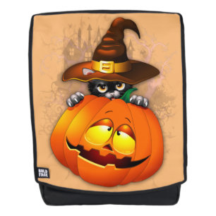 Halloween Cute Kitty Witch and Pumpkin Friend Backpack