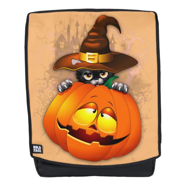Halloween Cute Kitty Witch and Pumpkin Friend  Backpack (Front)