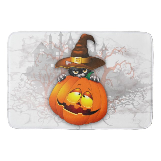 Halloween Cute Kitty Witch and Pumpkin Friend  Bath Mat (Front)