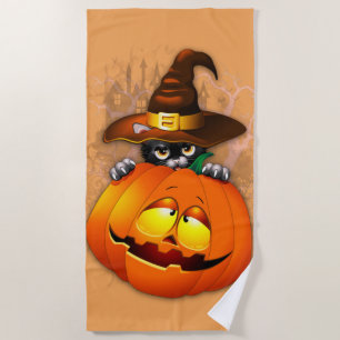 Halloween Cute Kitty Witch and Pumpkin Friend Beach Towel