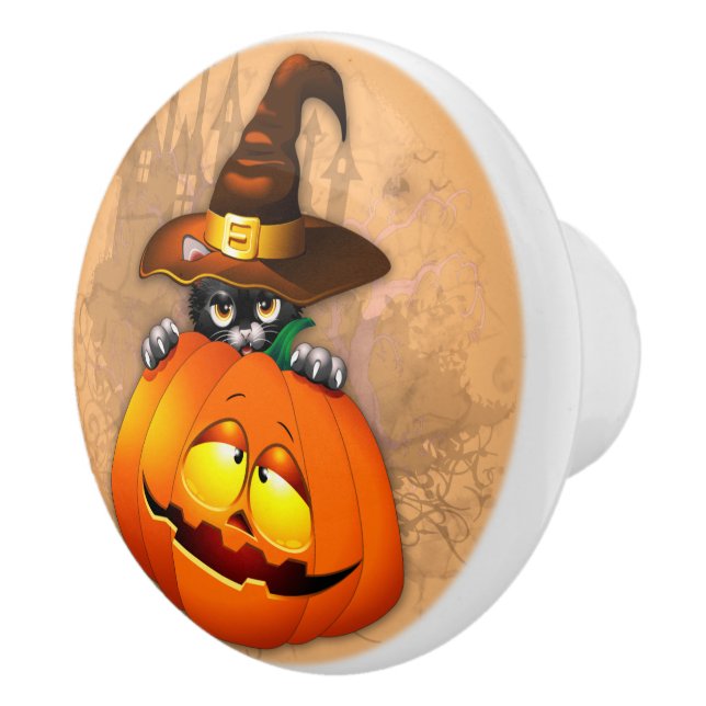 Halloween Cute Kitty Witch and Pumpkin Friend  Ceramic Knob (Right)