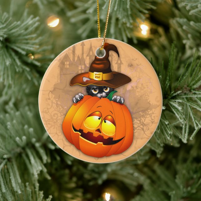 Halloween Cute Kitty Witch and Pumpkin Friend  Ceramic Tree Decoration (Tree)