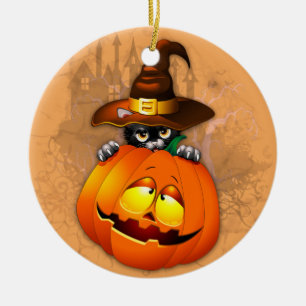 Halloween Cute Kitty Witch and Pumpkin Friend Ceramic Tree Decoration