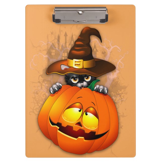 Halloween Cute Kitty Witch and Pumpkin Friend  Clipboard (Front)