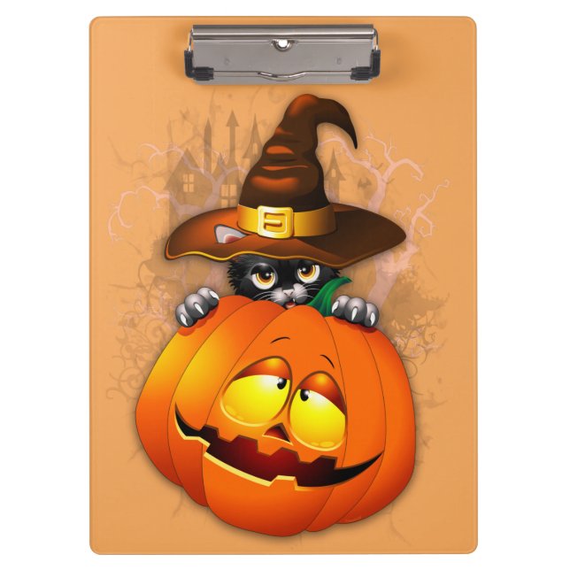 Halloween Cute Kitty Witch and Pumpkin Friend  Clipboard (Front)