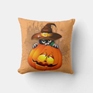 Halloween Cute Kitty Witch and Pumpkin Friend  Cushion