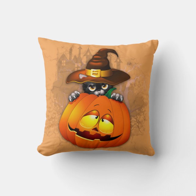 Halloween Cute Kitty Witch and Pumpkin Friend  Cushion (Front)