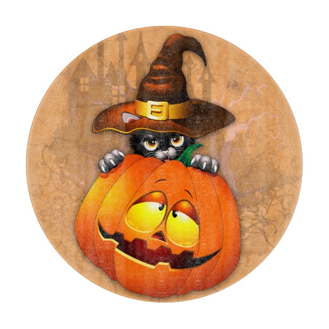 Halloween Cute Kitty Witch and Pumpkin Friend  Cutting Board (Front)