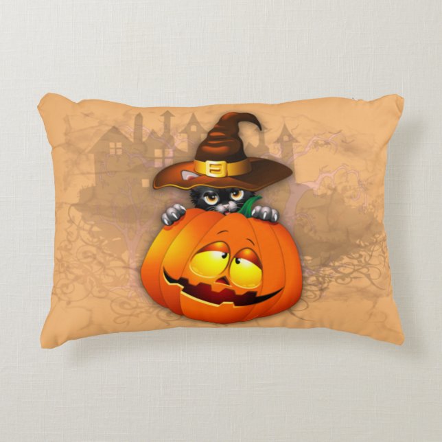 Halloween Cute Kitty Witch and Pumpkin Friend  Decorative Cushion (Front)