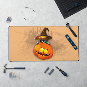 Halloween Cute Kitty Witch and Pumpkin Friend Desk Mat