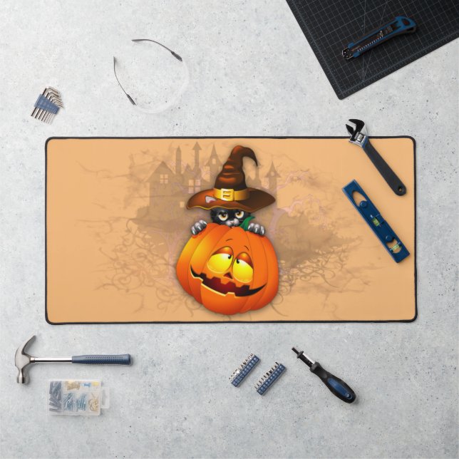 Halloween Cute Kitty Witch and Pumpkin Friend  Desk Mat (Workstation)