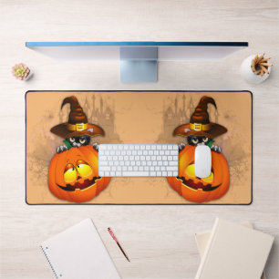 Halloween Cute Kitty Witch and Pumpkin Friend Desk Mat