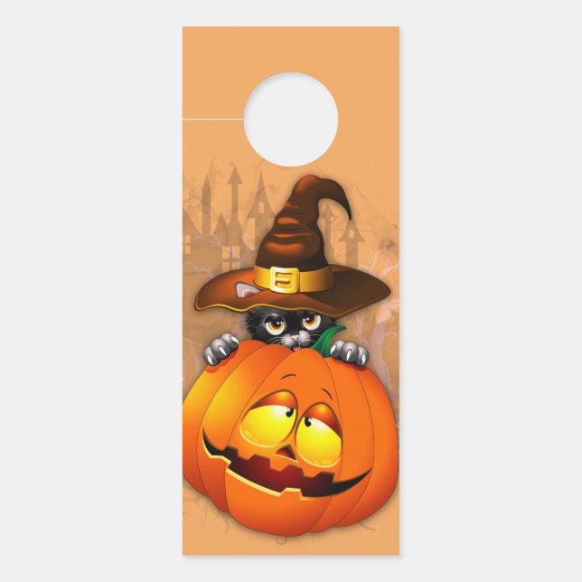 Halloween Cute Kitty Witch and Pumpkin Friend  Door Hanger (Front)