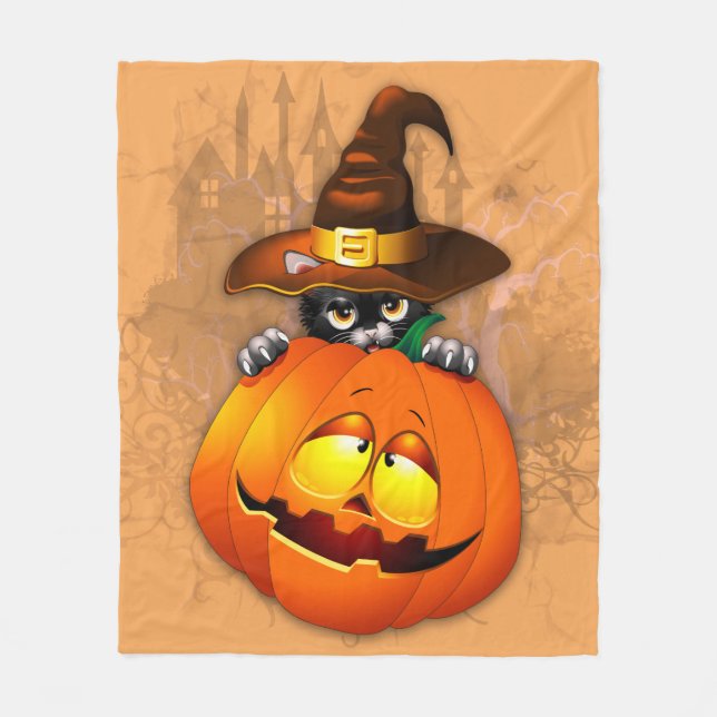 Halloween Cute Kitty Witch and Pumpkin Friend  Fleece Blanket (Front)