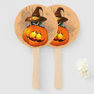 Halloween Cute Kitty Witch and Pumpkin Friend Hand Fan