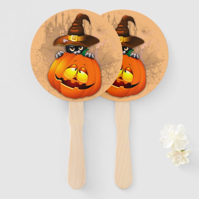 Halloween Cute Kitty Witch and Pumpkin Friend  Hand Fan (Front and Back)