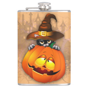 Halloween Cute Kitty Witch and Pumpkin Friend  Hip Flask