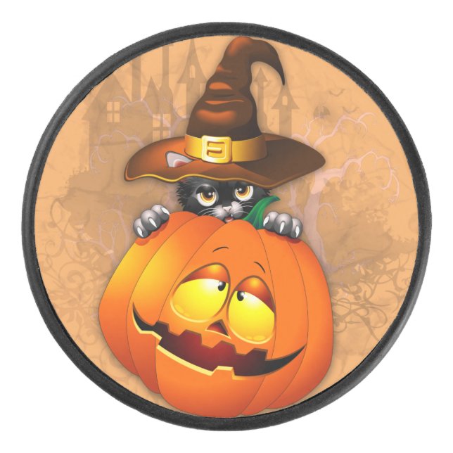 Halloween Cute Kitty Witch and Pumpkin Friend  Hockey Puck (Front)