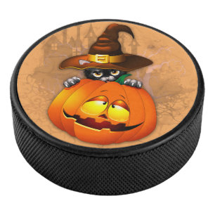 Halloween Cute Kitty Witch and Pumpkin Friend  Hockey Puck