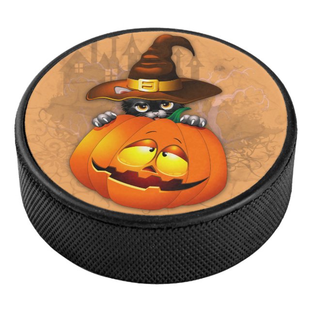Halloween Cute Kitty Witch and Pumpkin Friend  Hockey Puck (3/4)